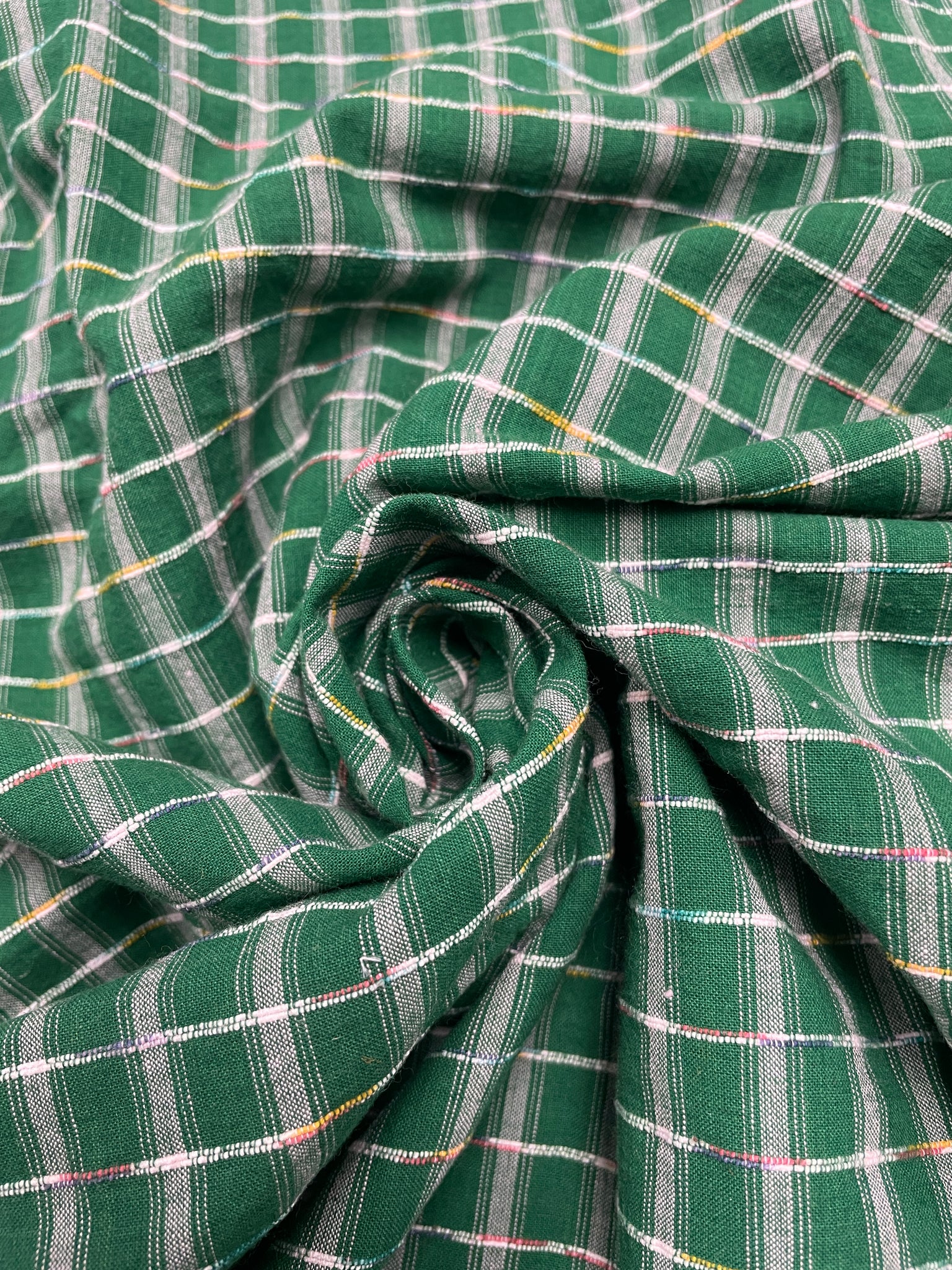 1 YD Cotton Yarn-Dyed Plaid Vintage - Green and White with Variegated Slub Plaid