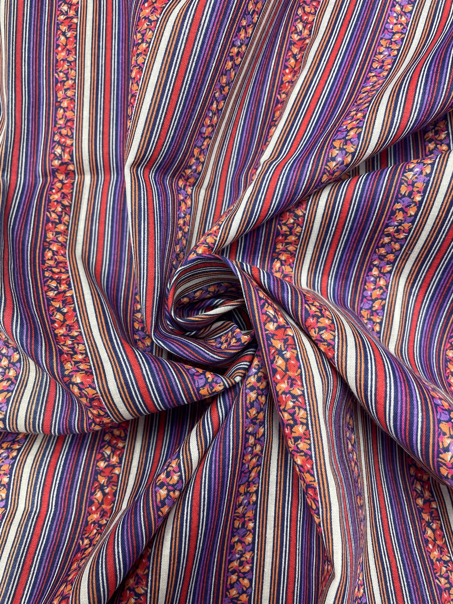 3 YD Poly/Cotton Shirting Printed Stripes Vintage - Purple, Red, Black, White and Floral