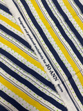 1 YD Quilting Cotton Printed Stripes - Navy Blue, Yellow, and White Stripes with Green Dots
