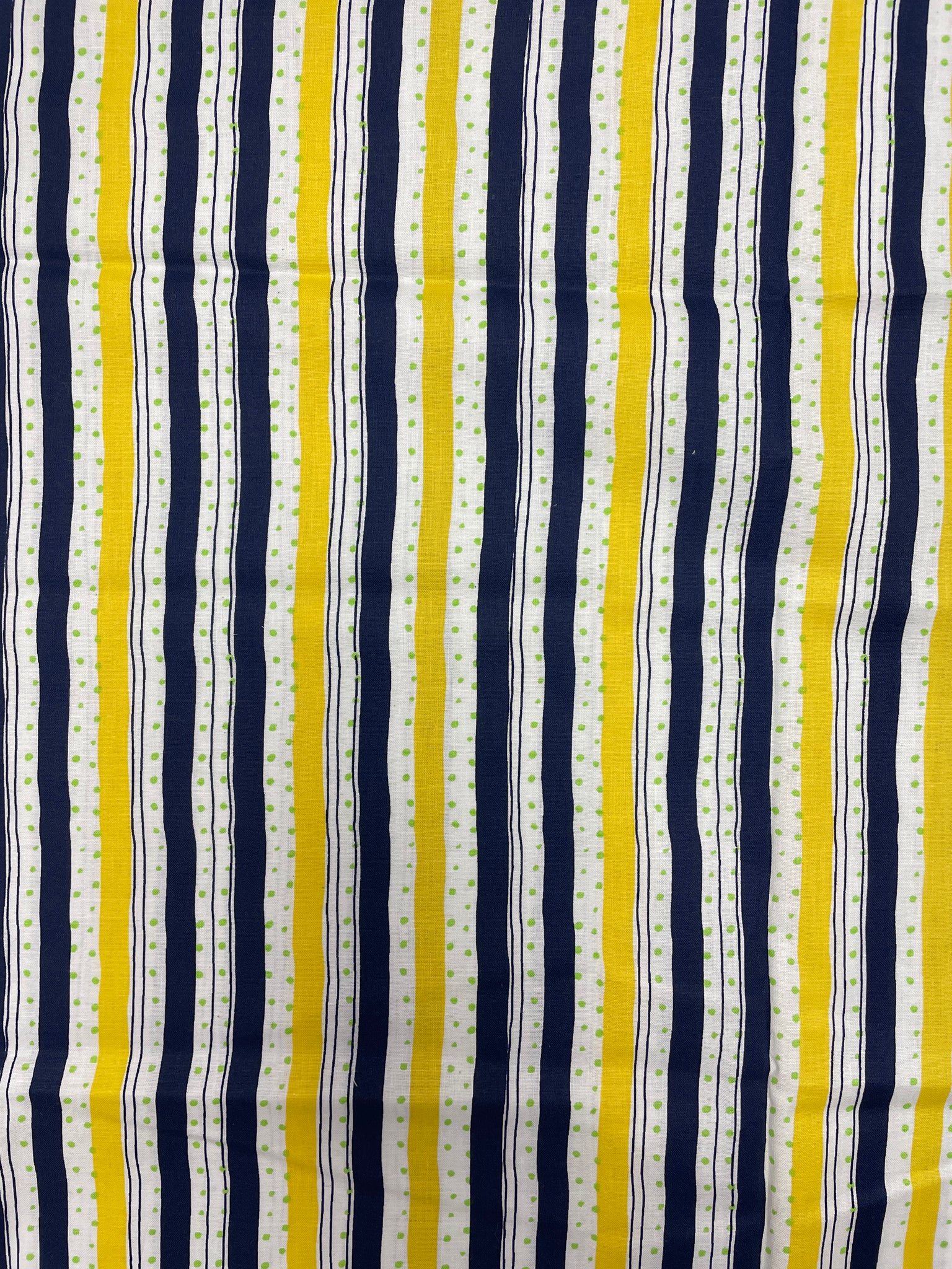 1 YD Quilting Cotton Printed Stripes - Navy Blue, Yellow, and White Stripes with Green Dots