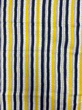 1 YD Quilting Cotton Printed Stripes - Navy Blue, Yellow, and White Stripes with Green Dots