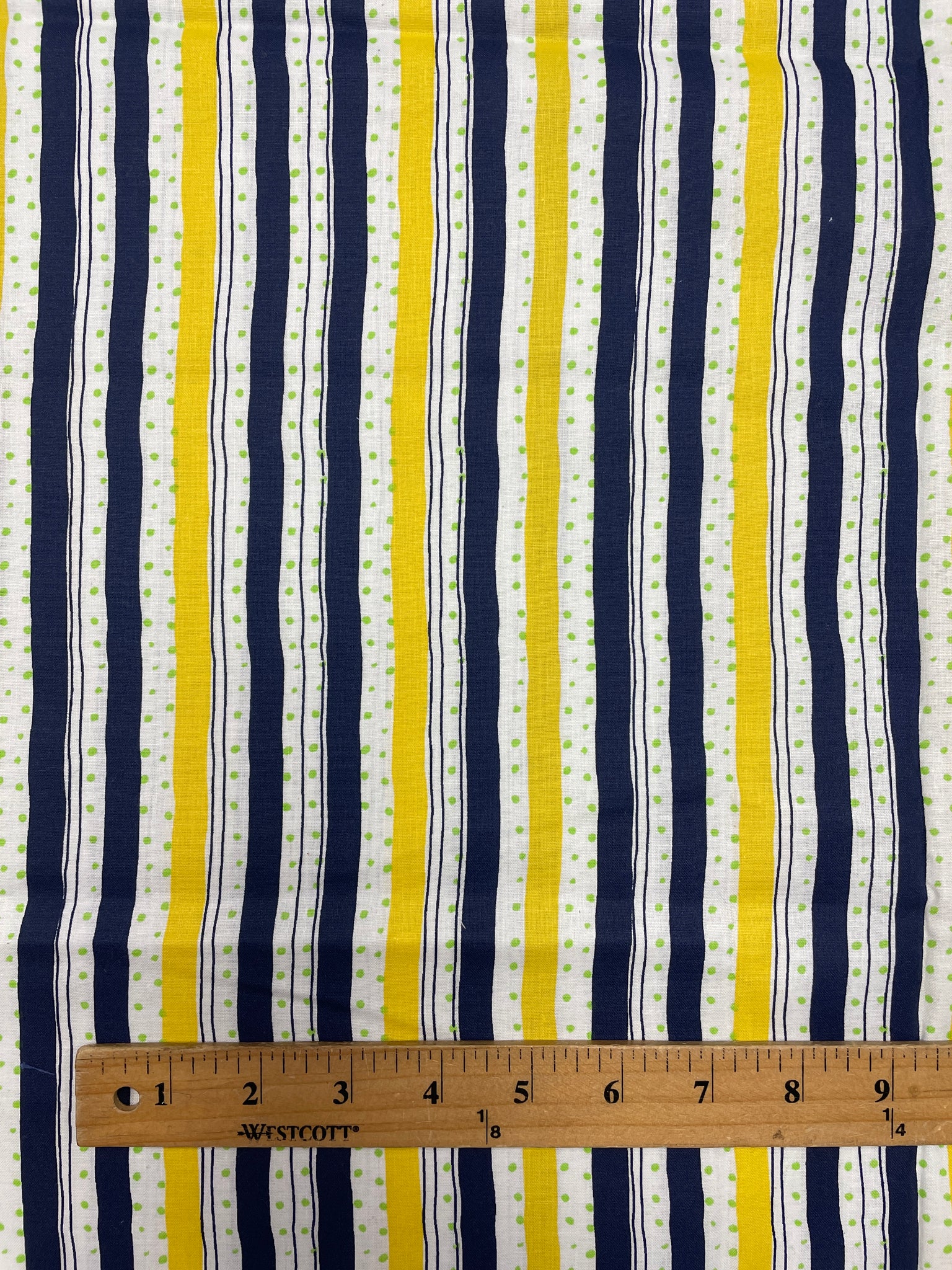 1 YD Quilting Cotton Printed Stripes - Navy Blue, Yellow, and White Stripes with Green Dots