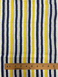 1 YD Quilting Cotton Printed Stripes - Navy Blue, Yellow, and White Stripes with Green Dots