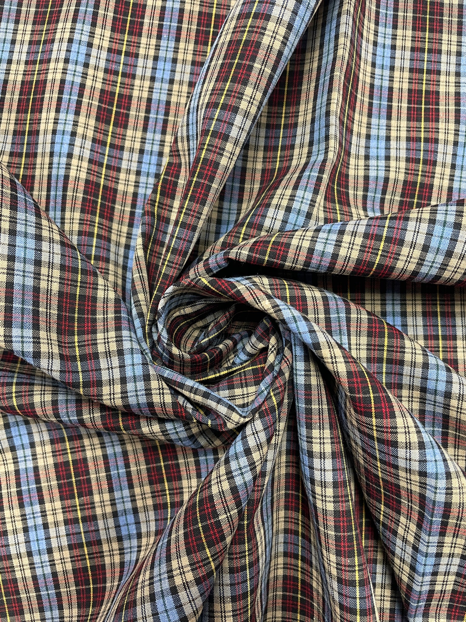 1 1/4 YD Polyester Yarn-Dyed Plaid Shirting Vintage - Beige, Black, Red and Blue