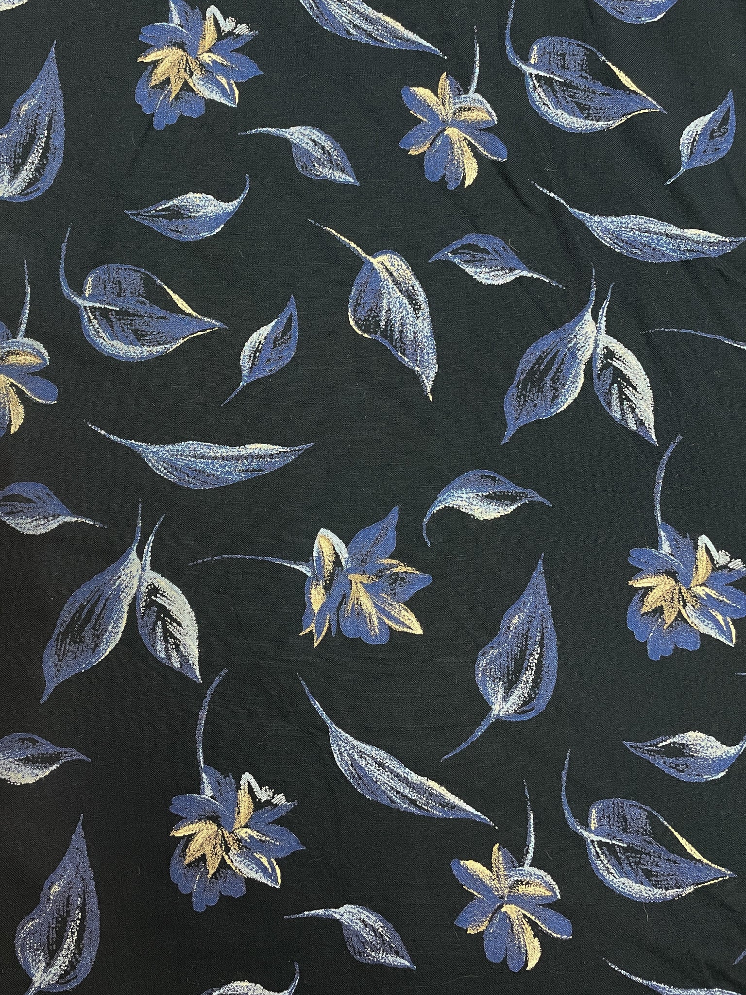 Rayon Vintage - Blue, Tan and White Flowers on Black