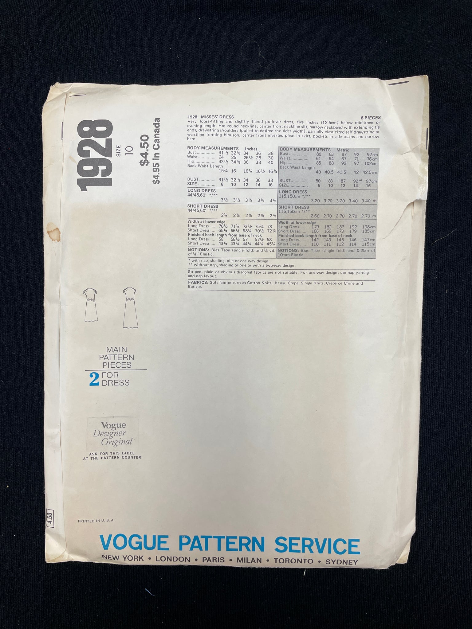 1970s Vogue 1928 Sewing Pattern - Dress FACTORY FOLDED