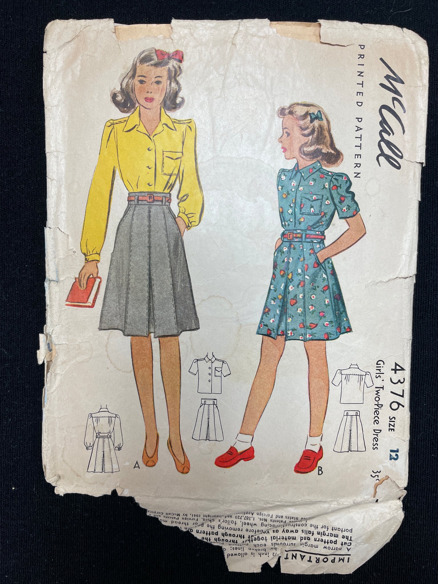 1941 McCall 4376 Pattern - Girl's Blouses and Skirt