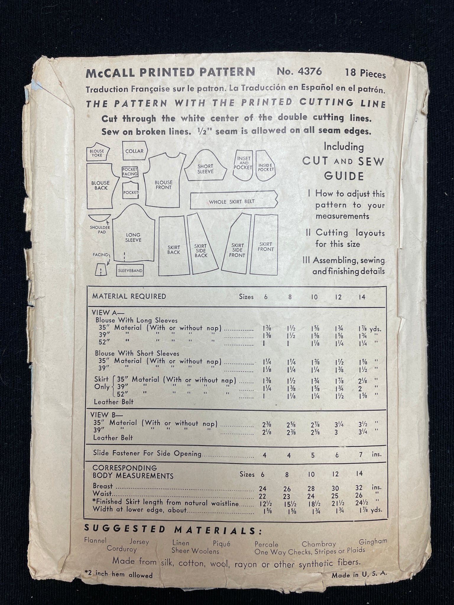 1941 McCall 4376 Pattern - Girl's Blouses and Skirt