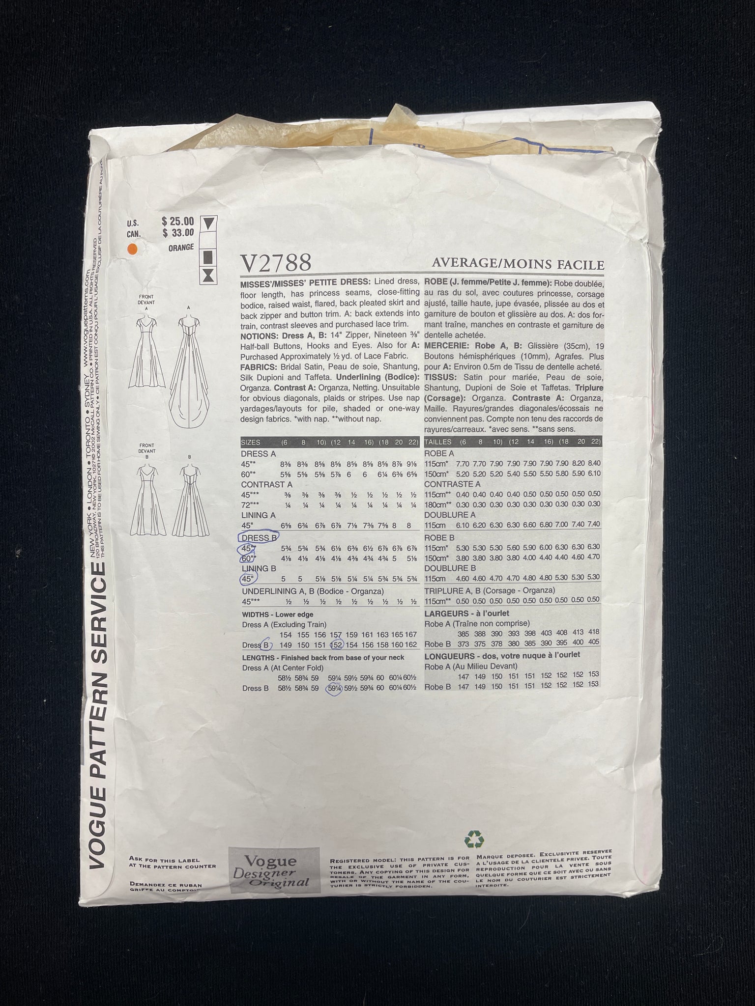 2002 Vogue 2788 Sewing Pattern - Wedding Gown and Bridesmaid's Dress
