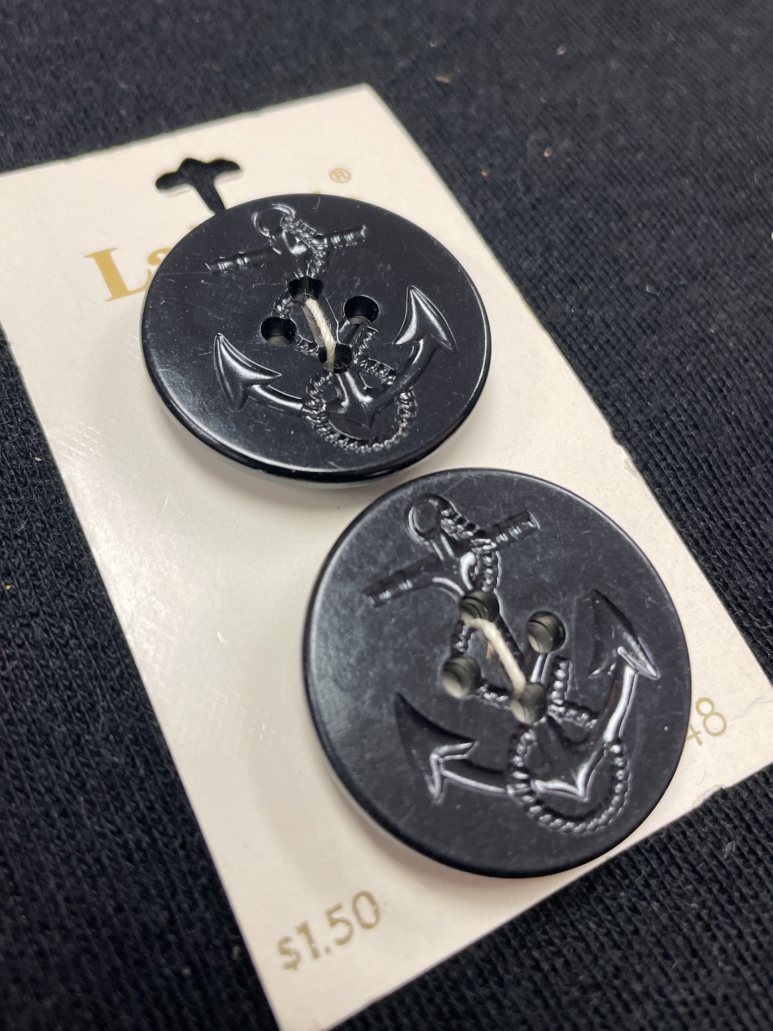 Button Plastic Set of 2 Vintage - Black with Anchor
