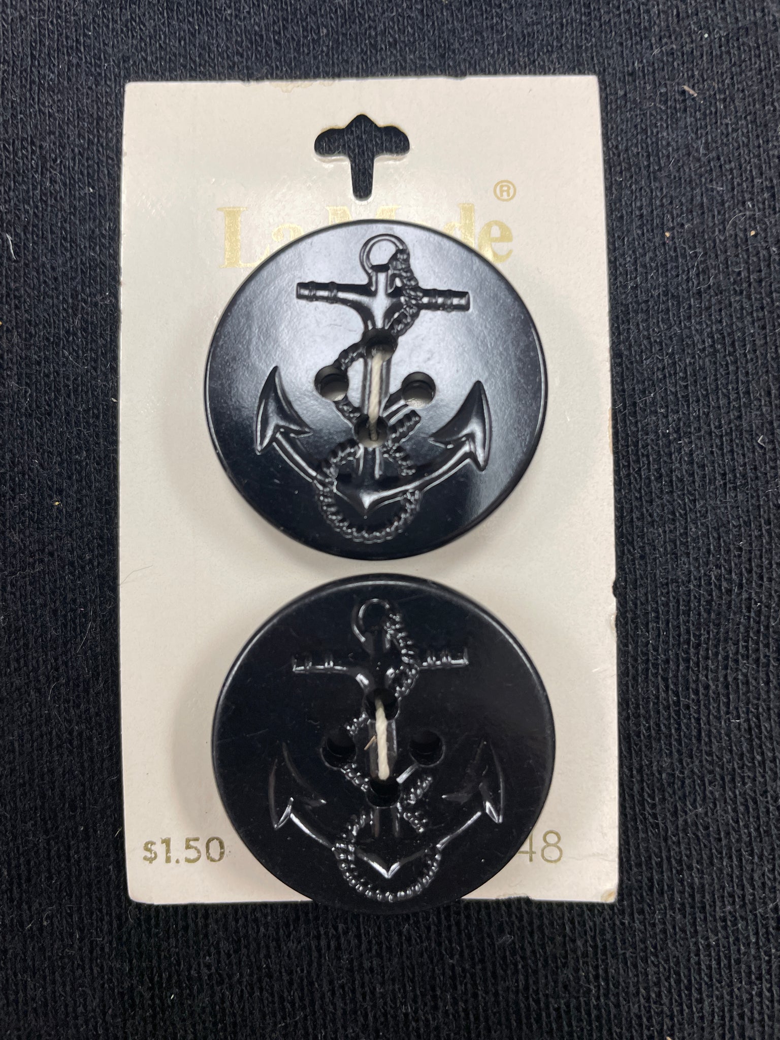 Button Plastic Set of 2 Vintage - Black with Anchor