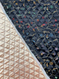 1 7/8+ YD Quilted Polyester Satin Brocade - Flowers with Gold Stems on Black with Champagne on Back