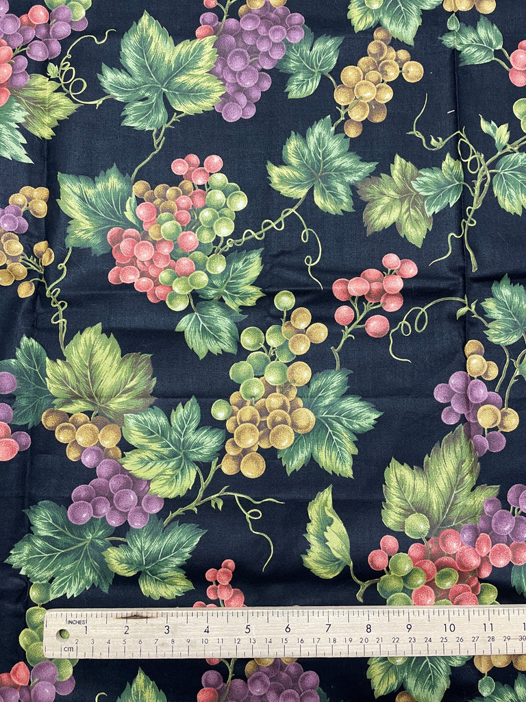 2 1/8 YD Quilting Cotton - Black with Grapes and Leaves