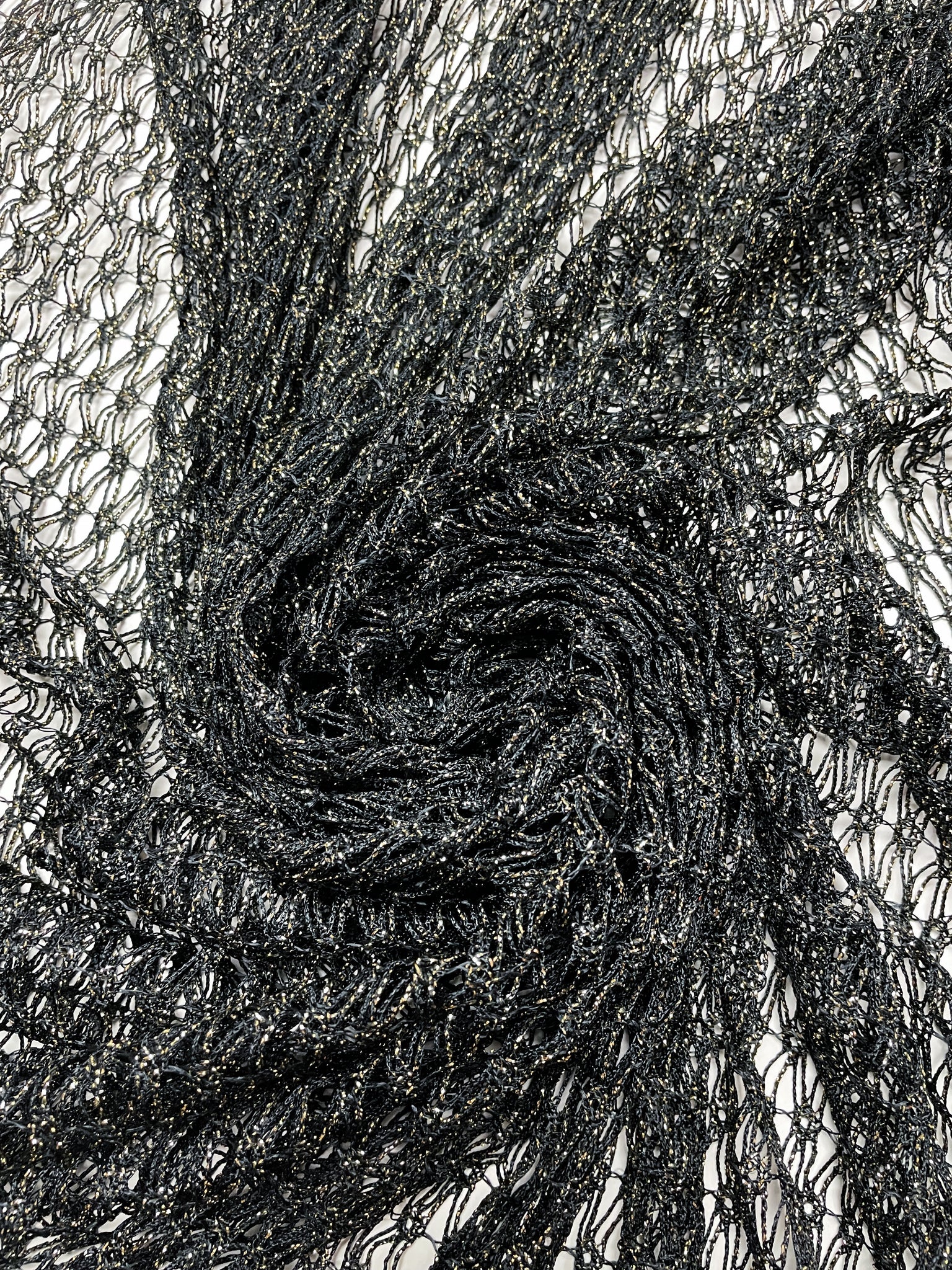 SALE 2 YD Polyester Net Panel with Fringe - Black with Gold Lurex and Self Fringe