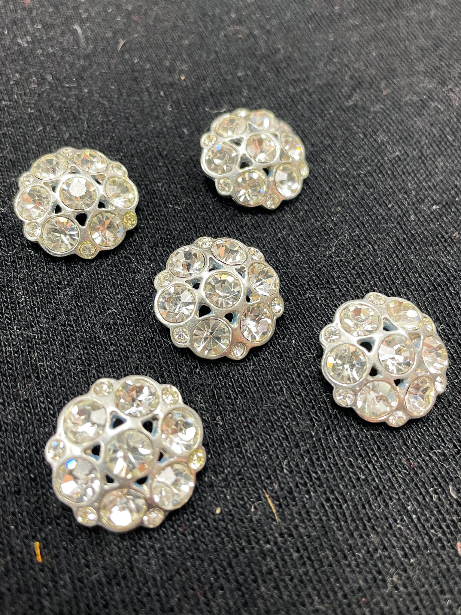 Button Metal Set of 5 Vintage - Silver-Toned and Rhinestones