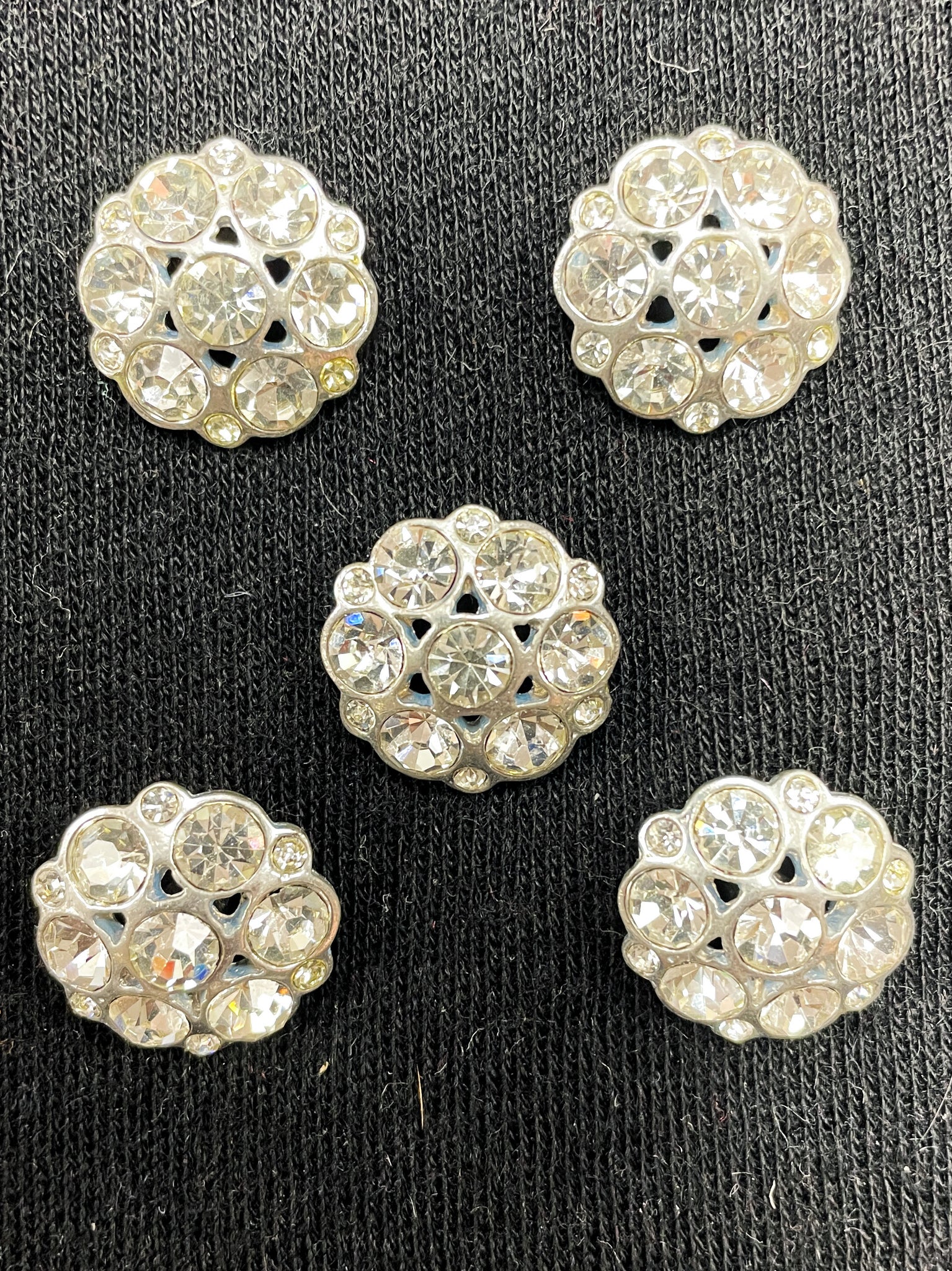 Button Metal Set of 5 Vintage - Silver-Toned and Rhinestones