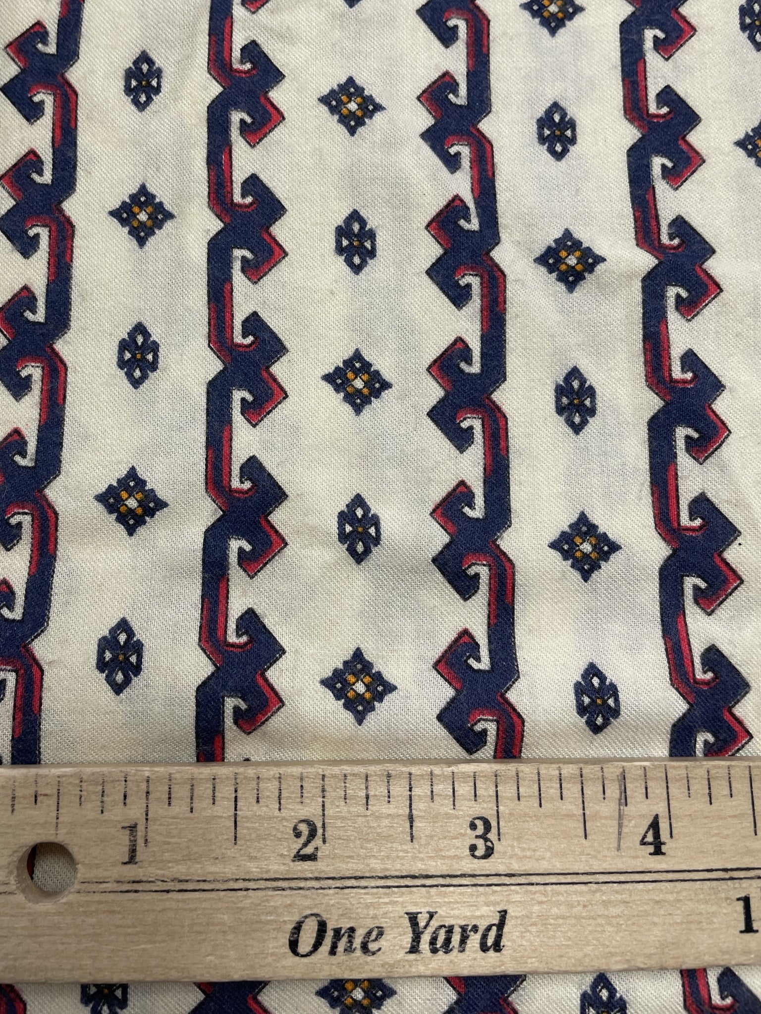 2 1/2 YD Poly/Cotton Brushed - Cream with Navy Blue and Red Geometric Stripes