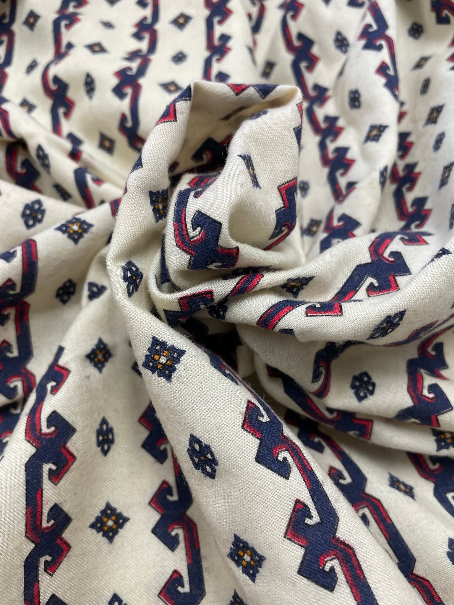 2 1/2 YD Poly/Cotton Brushed - Cream with Navy Blue and Red Geometric Stripes