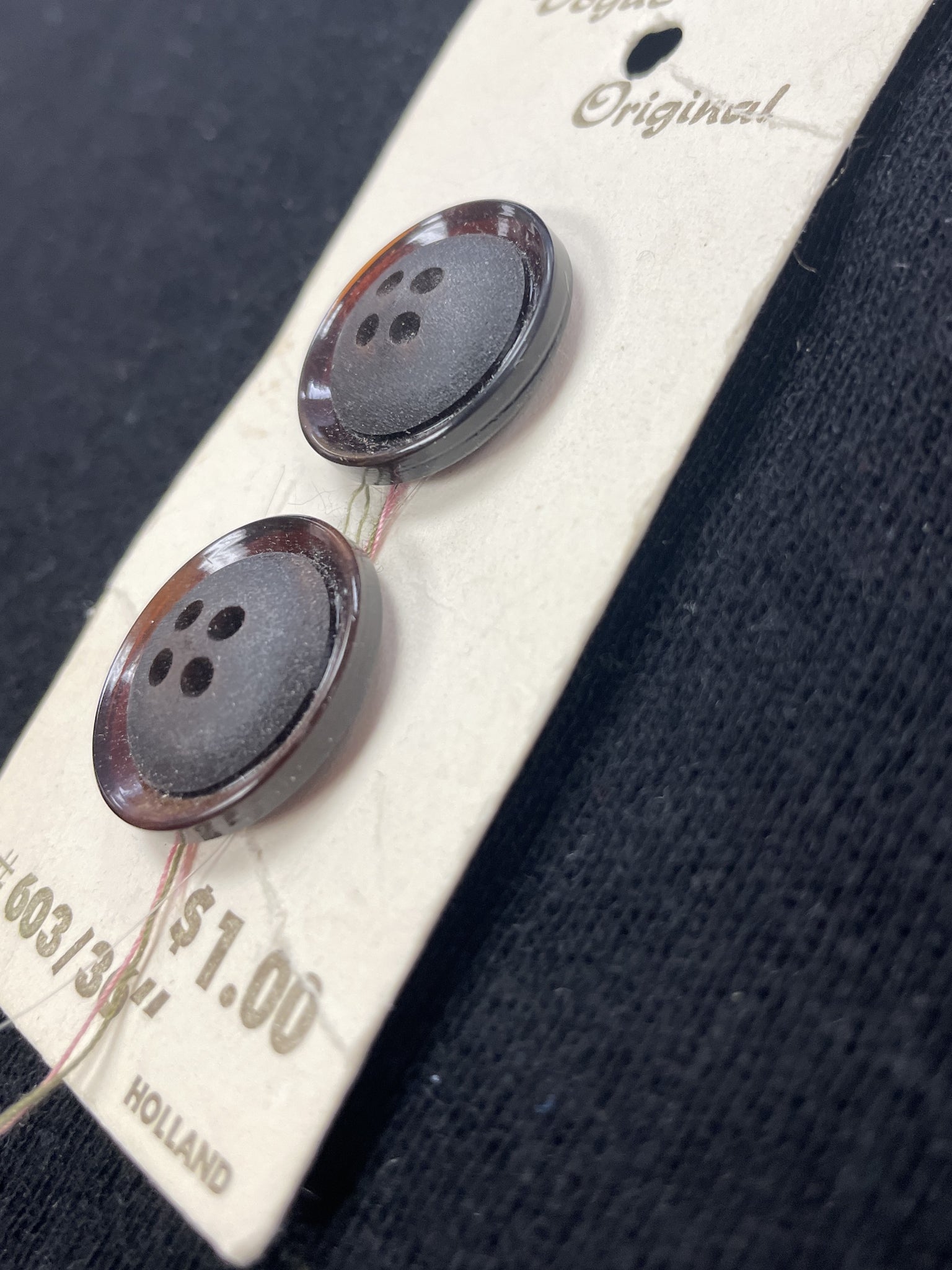 Buttons Plastic Set of 2 Vintage - Dark Brown Shank Buttons That Look Like 4-Hole Buttons