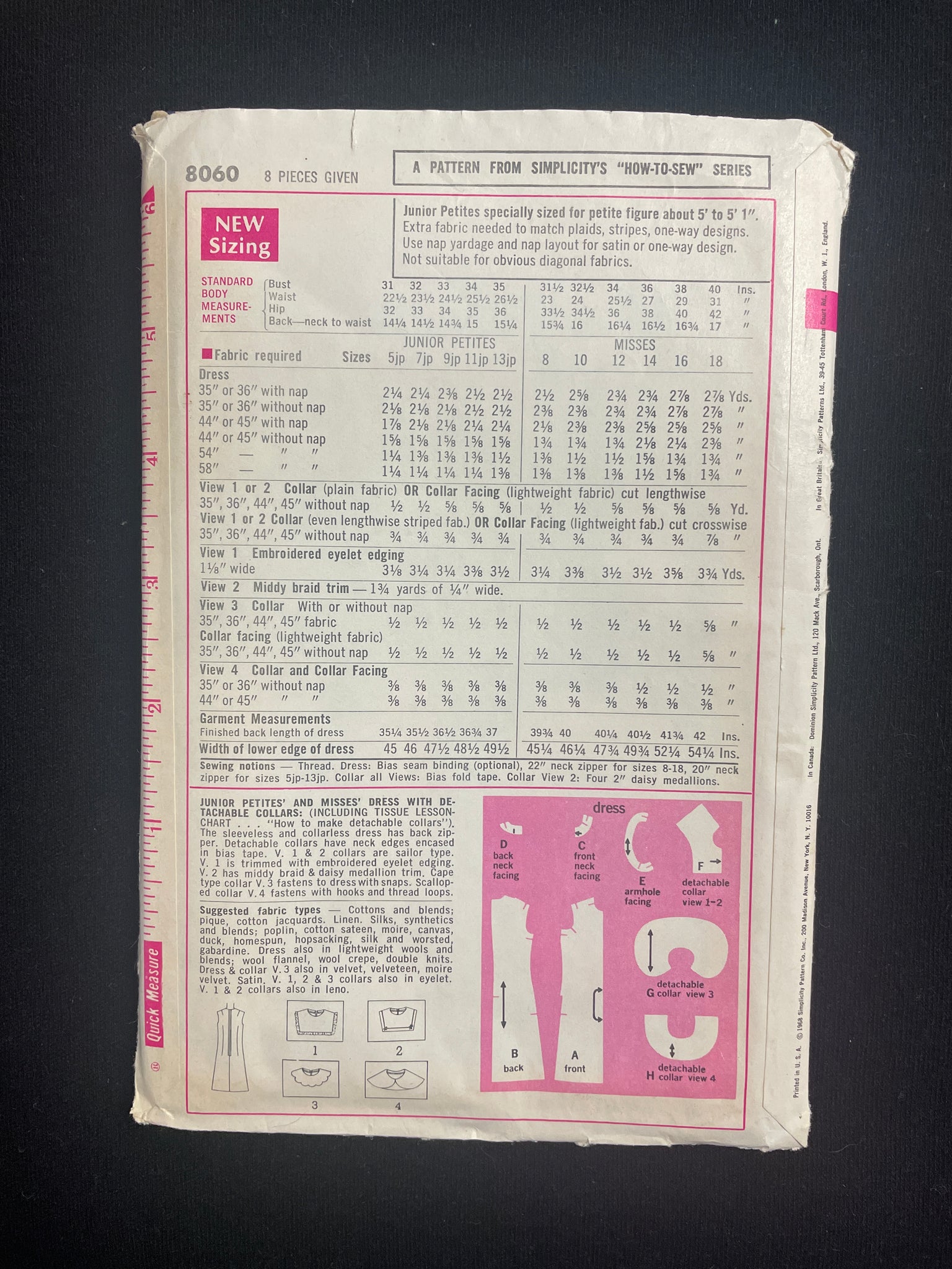 1968 Simplicity 8060 Sewing Pattern - Junior Dress and Detachable Collars