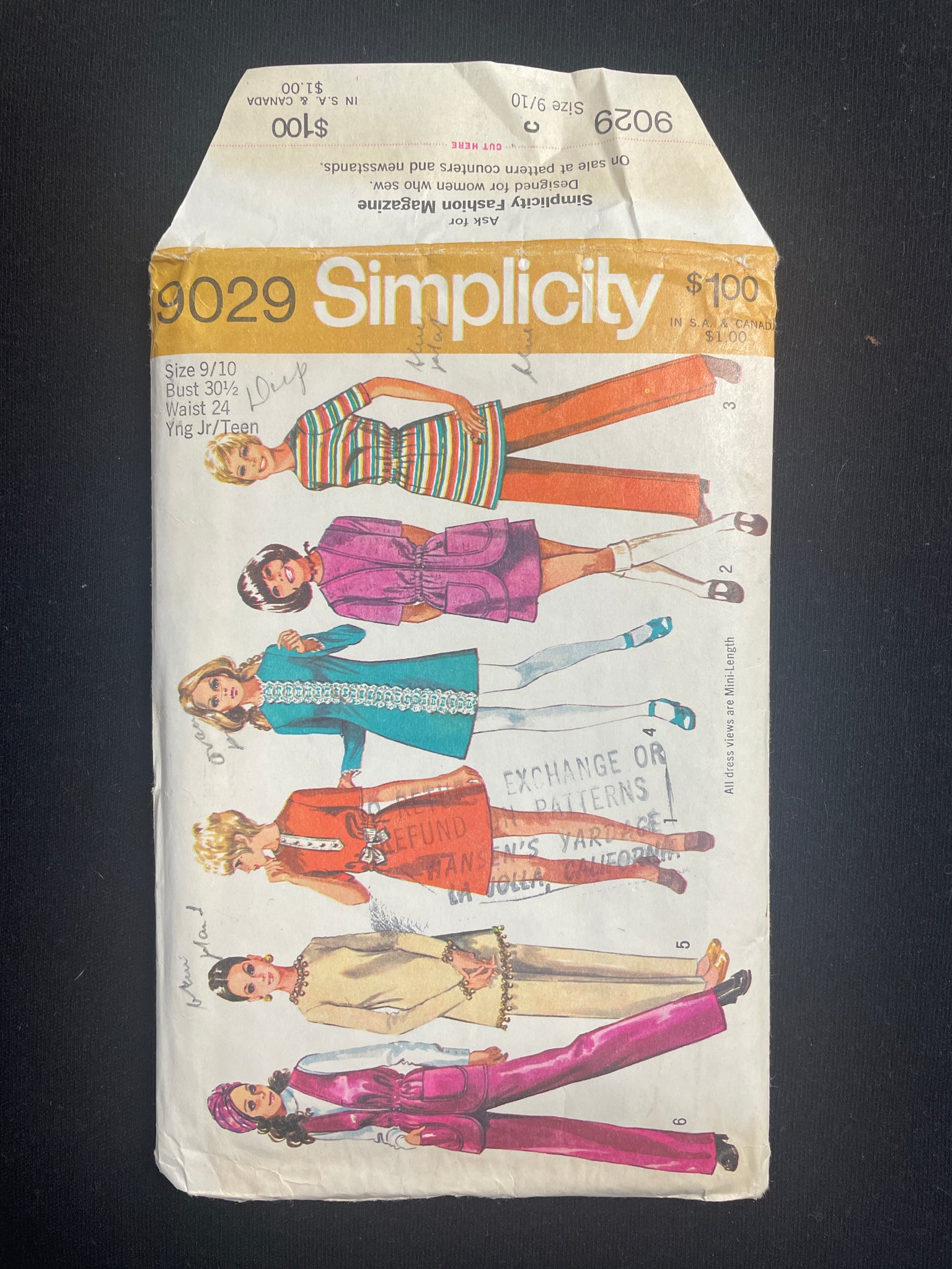 1970 Simplicity 9029 Sewing Pattern - Junior Dress, Tunic, Vest, and Pants