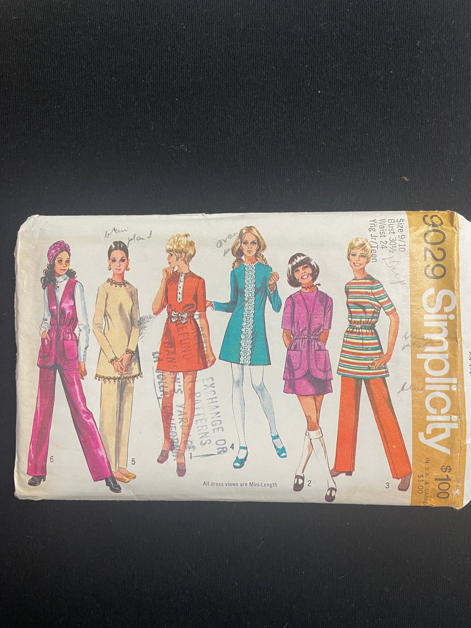 1970 Simplicity 9029 Sewing Pattern - Junior Dress, Tunic, Vest, and Pants