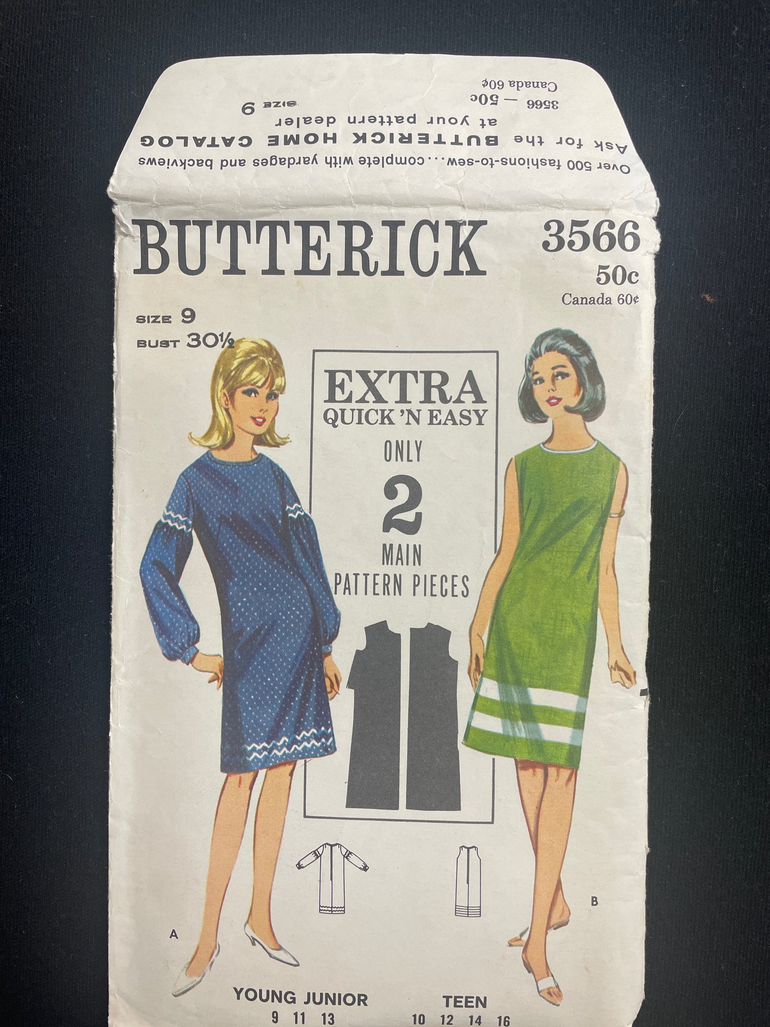 1960s Butterick 3566 Sewing Pattern - Junior Dresses