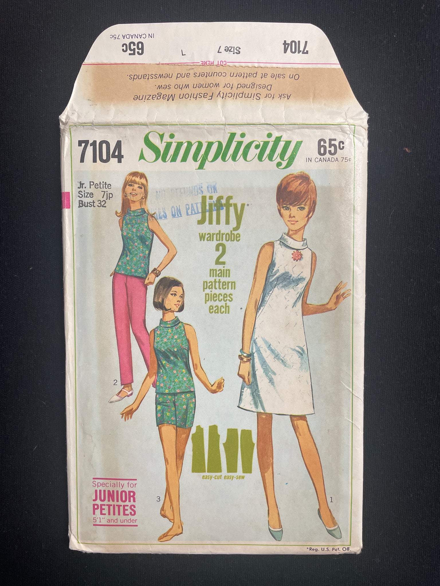 1967 Simplicity 7104 Sewing Pattern - Junior Dress, Blouse, Pants and Shorts