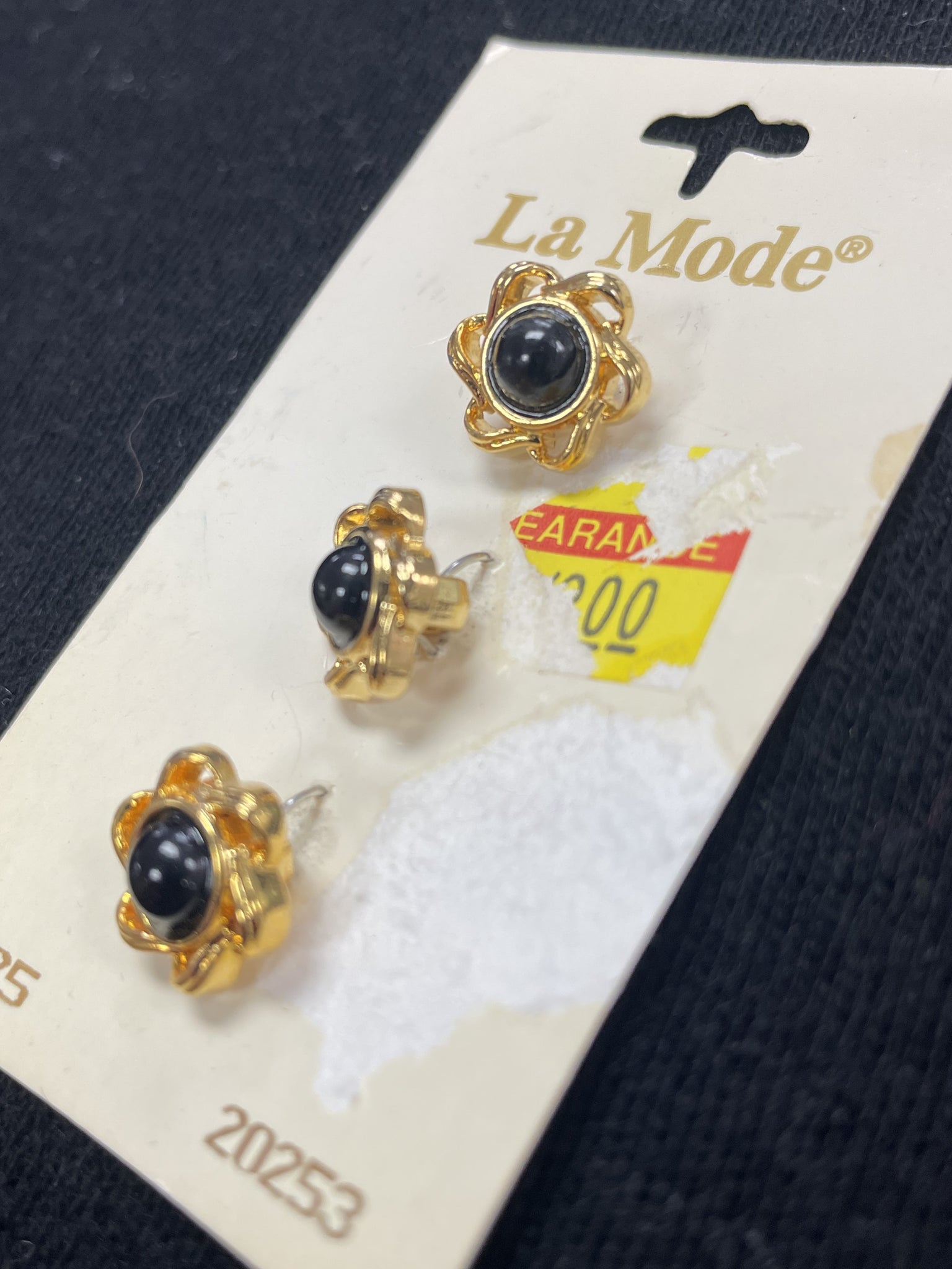 Buttons Plastic Set of 3 Vintage - Gold-Toned Flowers with Black Domed Centers