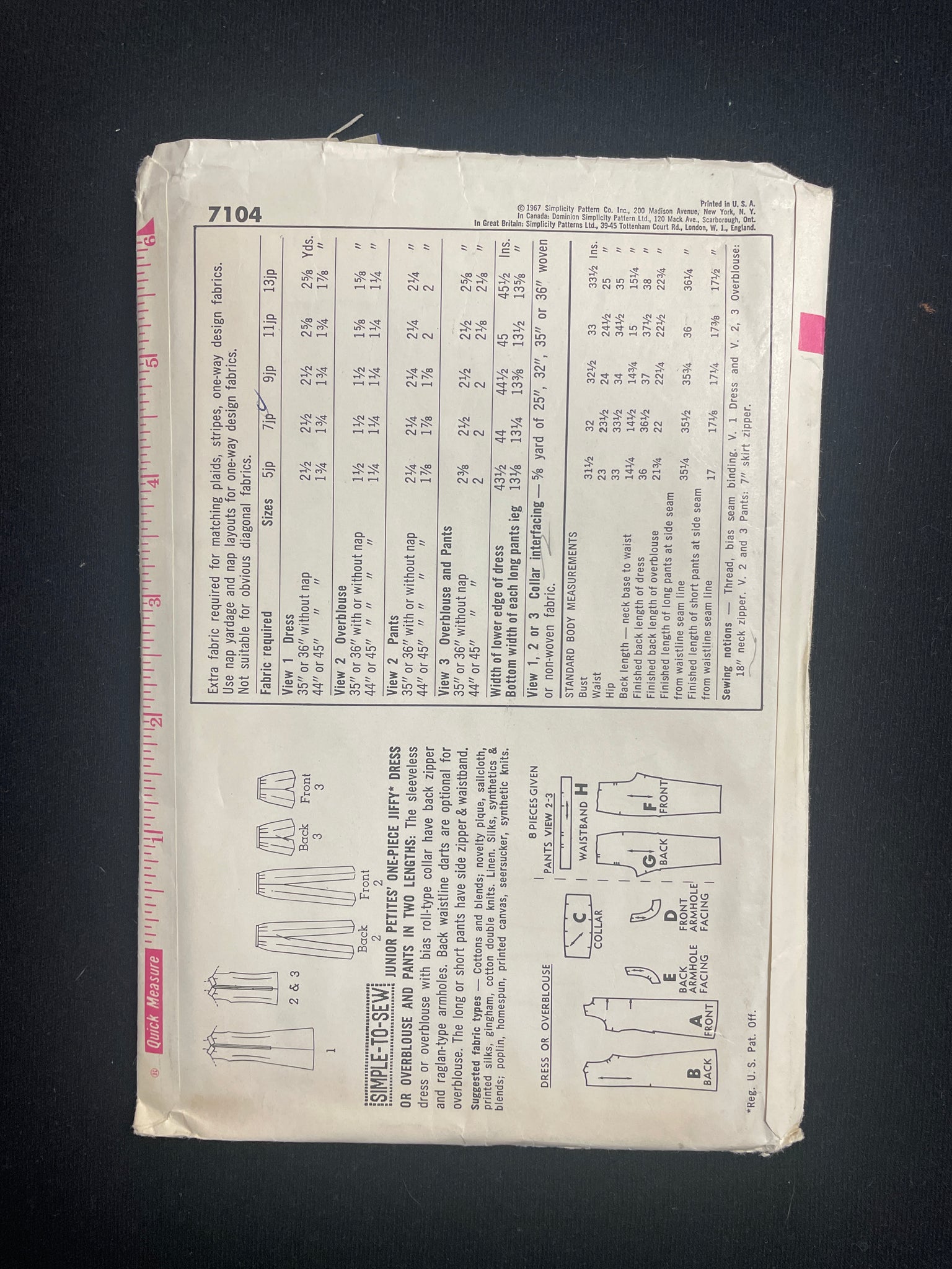1967 Simplicity 7104 Sewing Pattern - Junior Dress, Blouse, Pants and Shorts