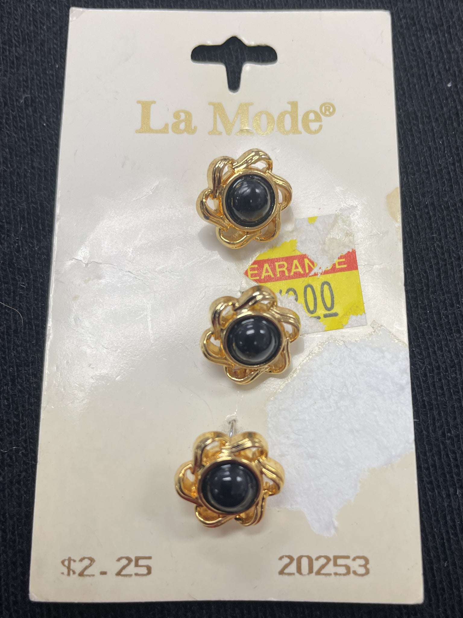 Buttons Plastic Set of 3 Vintage - Gold-Toned Flowers with Black Domed Centers