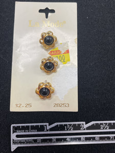 Buttons Plastic Set of 3 Vintage - Gold-Toned Flowers with Black Domed Centers