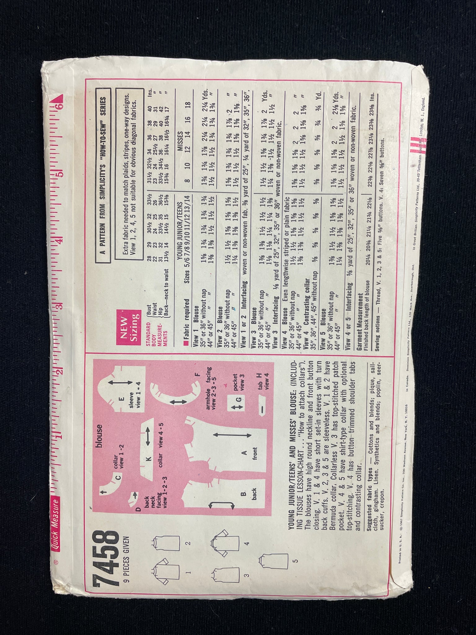 1967 Simplicity 7458 Sewing Pattern - Adult Shirts