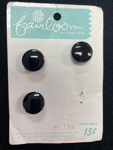 Buttons Plastic Set of 3 Vintage - Shiny Black