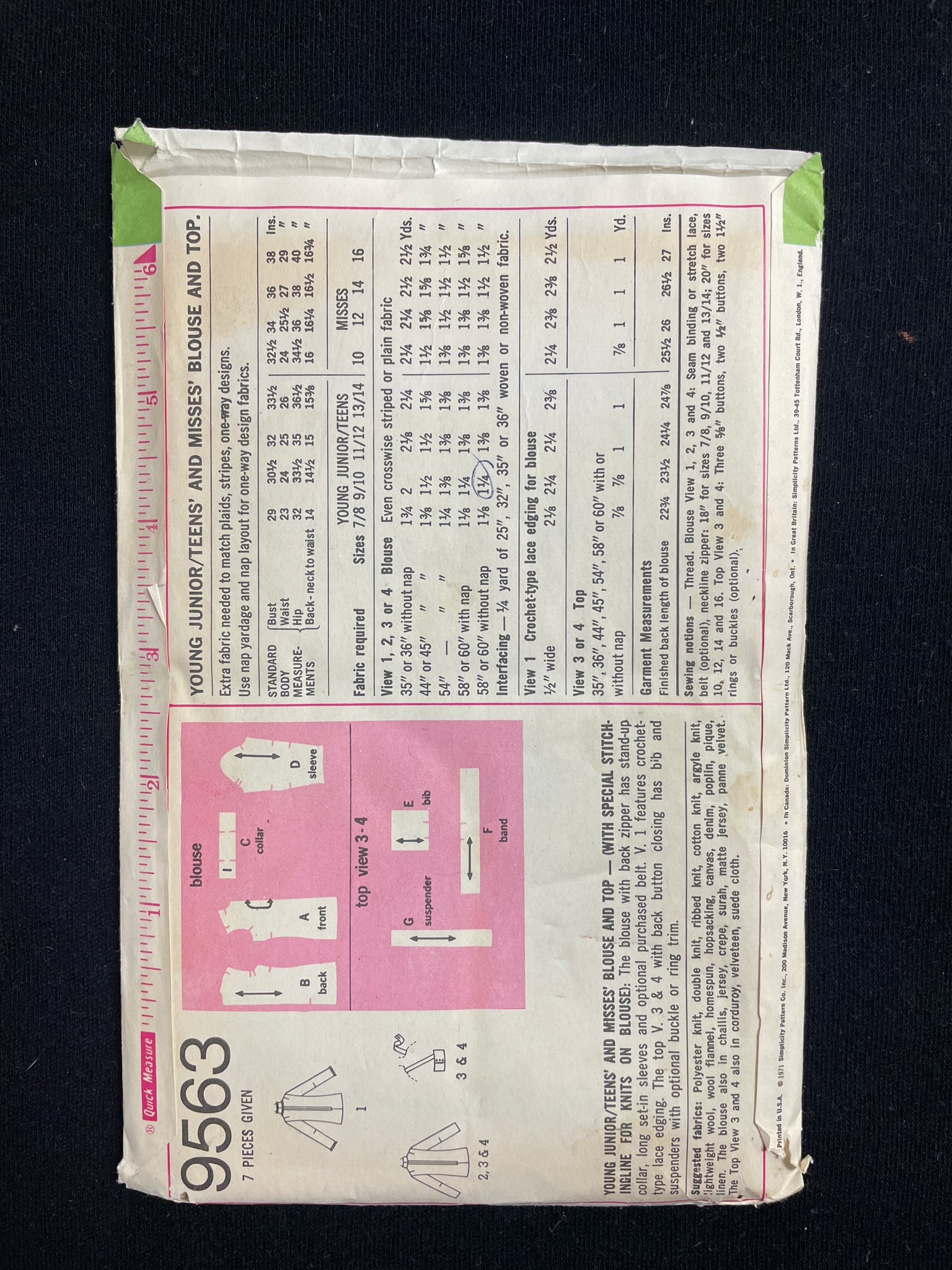 1971 Simplicity 9563 Sewing Pattern - Junior Knit Tops
