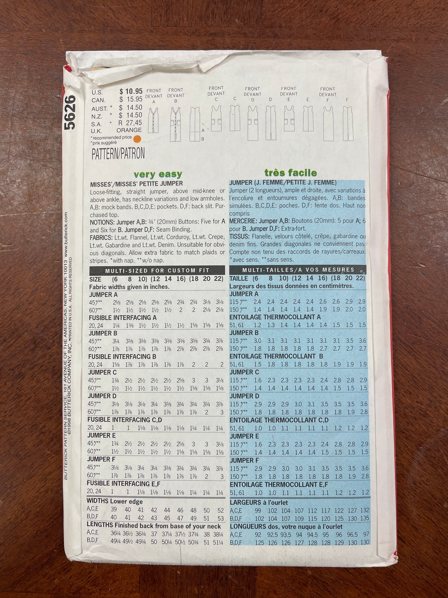 1998 Butterick 5626 Pattern - Women's Dress FACTORY FOLDED