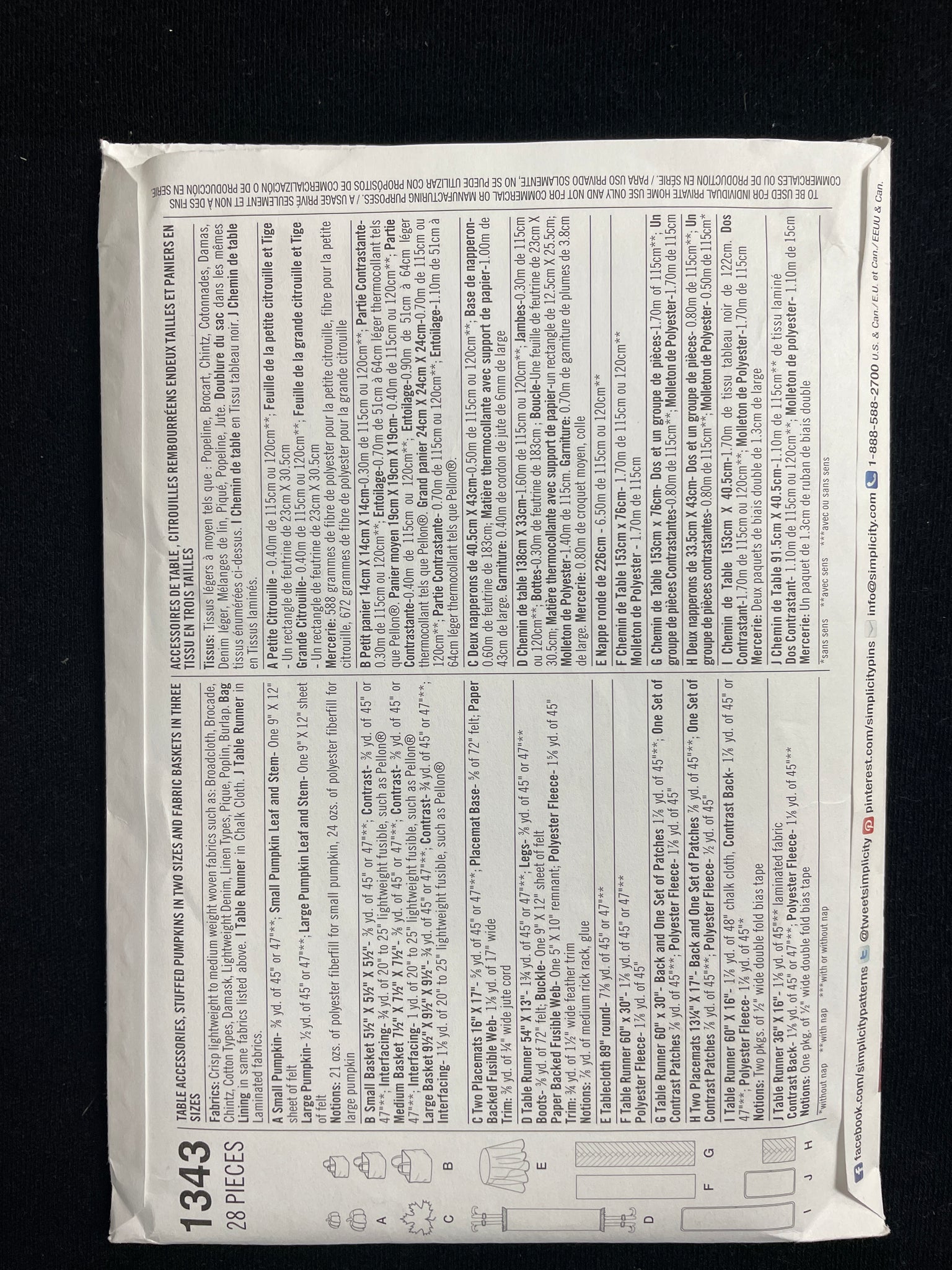 2014 Simplicity 1343 Sewing Pattern - Table Accessories, Stuffed Pumpkins and Fabric Baskets FACTORY FOLDED