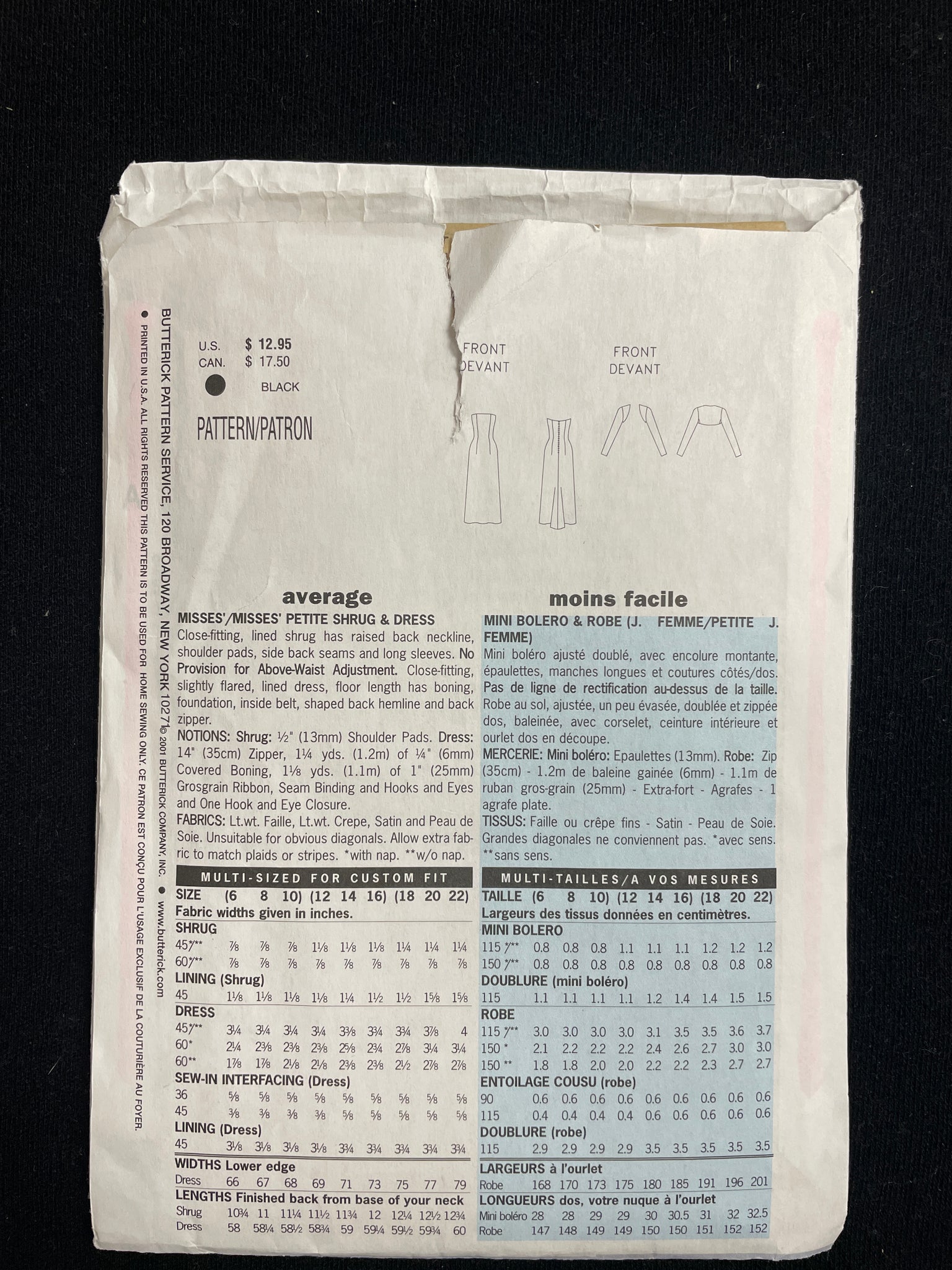 2001 Butterick 6533 Sewing Pattern - Adult Dress and Shrug FACTORY FOLDED