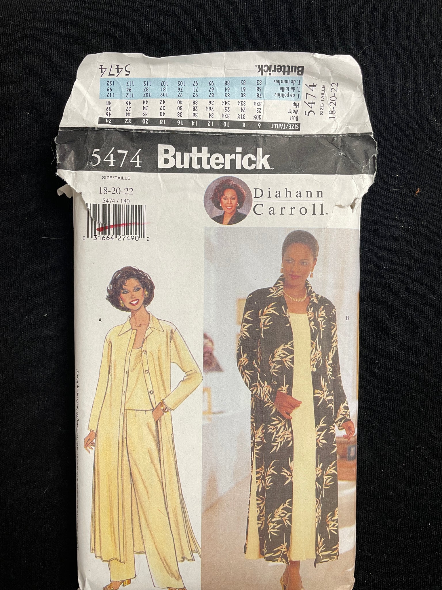 1998 Butterick 5474 Sewing Pattern - Adult Duster, Dress, Top and Pants FACTORY FOLDED