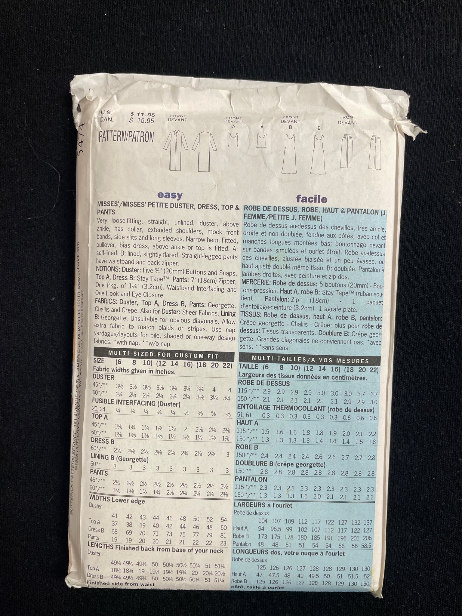 1998 Butterick 5474 Sewing Pattern - Adult Duster, Dress, Top and Pants FACTORY FOLDED
