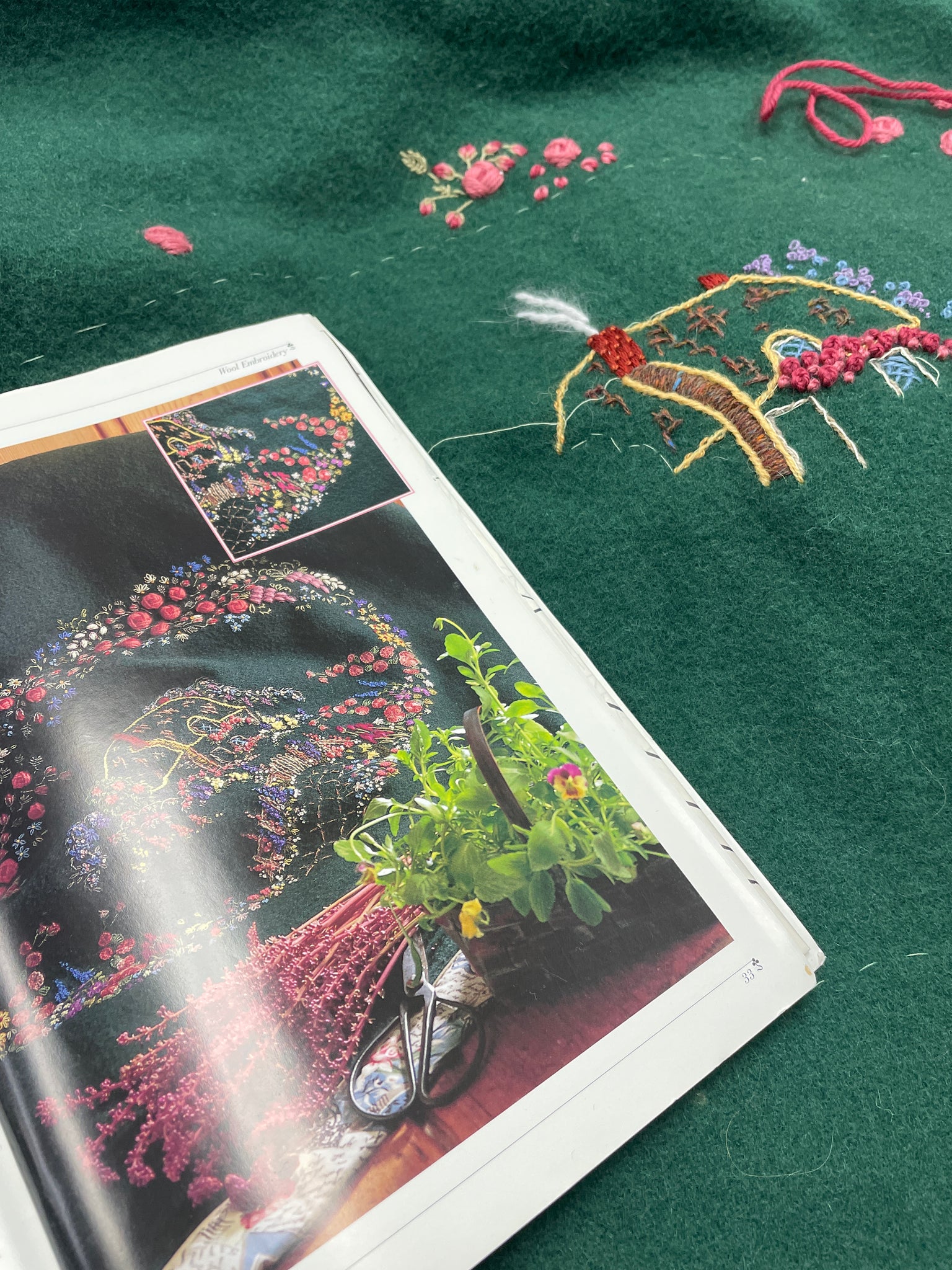 Embroidery Kit U.F.O. - Country Garden on Felted Green Wool