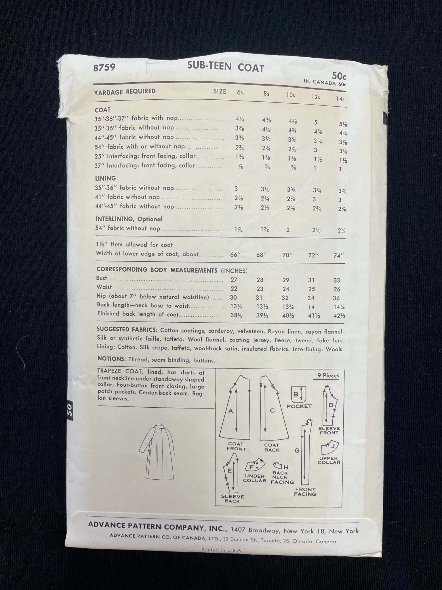 1960's Advance 5759 Sewing Pattern - Junior's Coat