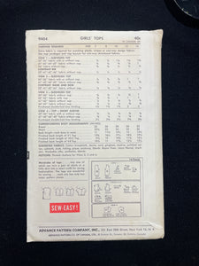 1960's Advance 9404 Sewing Pattern - Junior's Tops