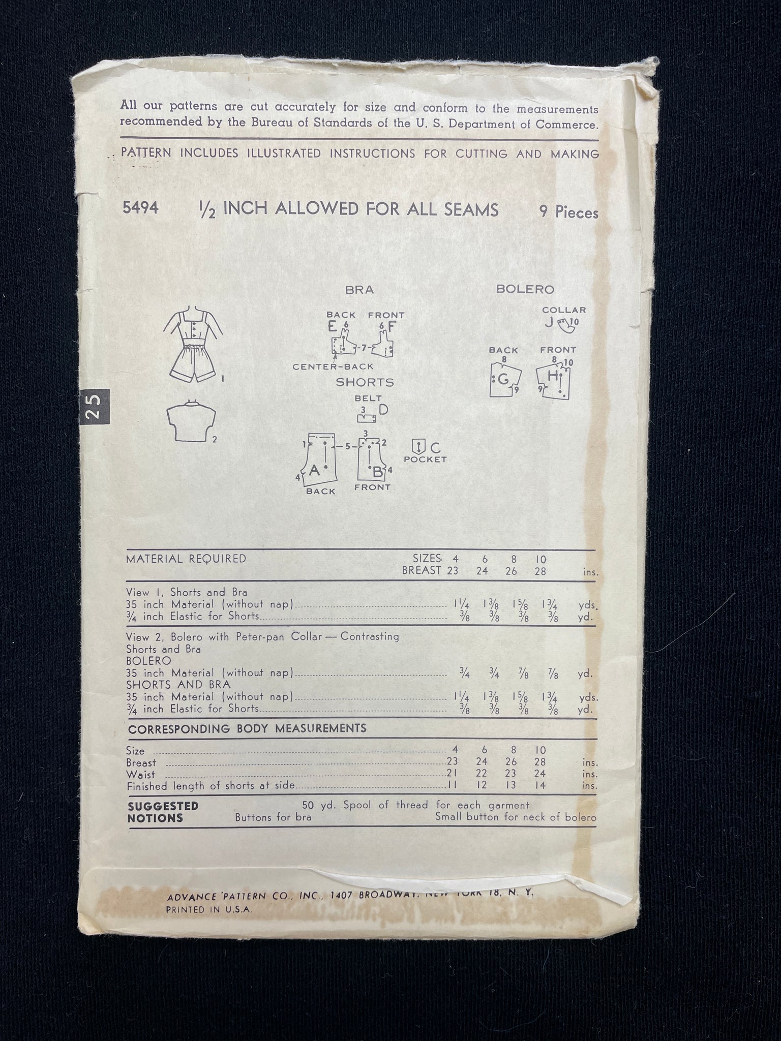 1950's Advance 5494 Sewing Pattern - Child's Bolero, Top and Shorts