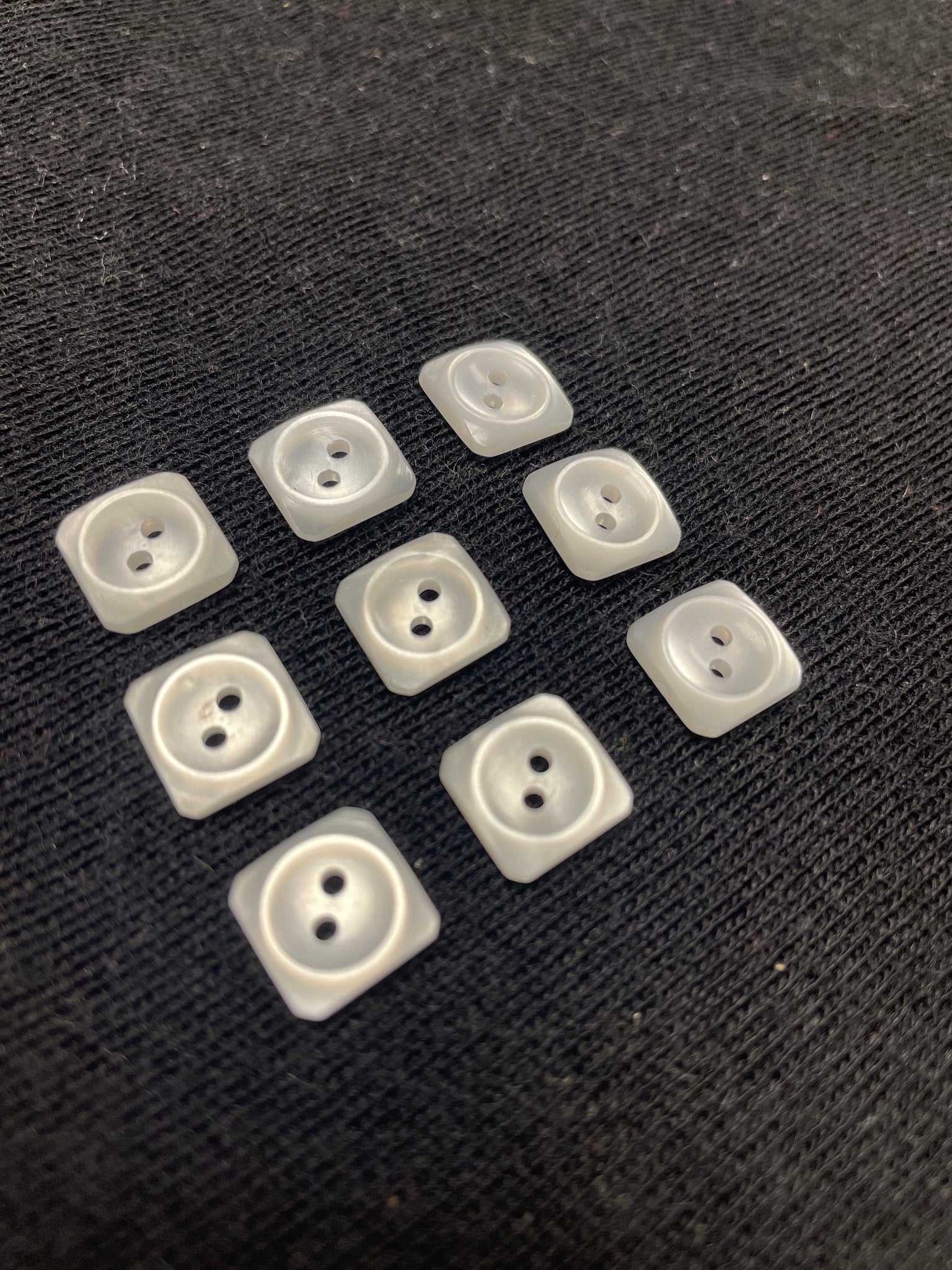 Button Plastic Set of 9 - Pearlescent White Squares with Sunken Centers