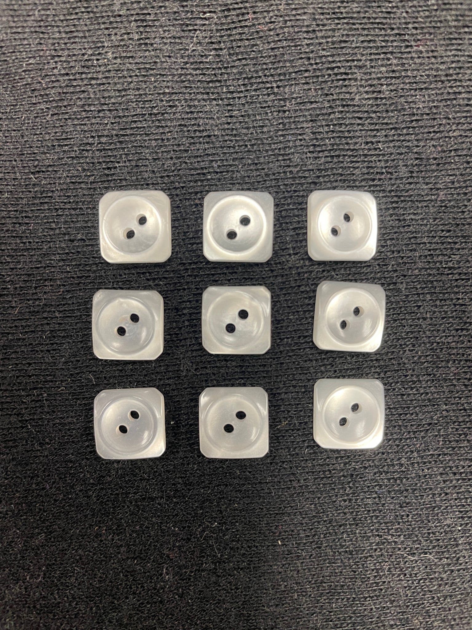 Button Plastic Set of 9 - Pearlescent White Squares with Sunken Centers