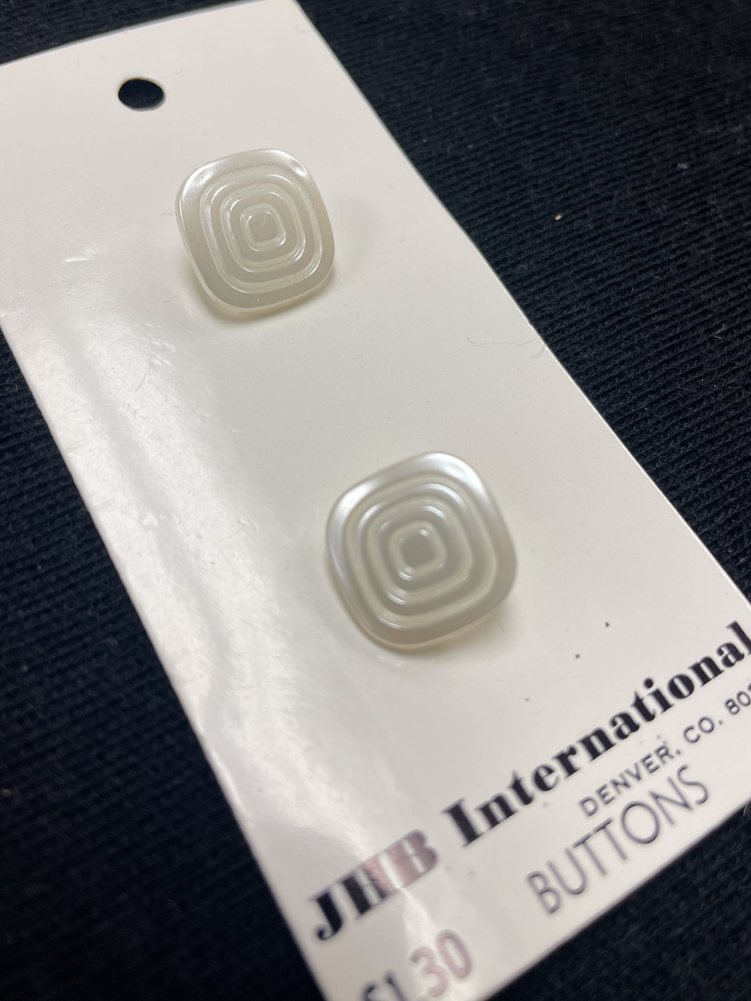 Button Plastic Set of 2 - Pearlescent White Squares with Concentric Rings