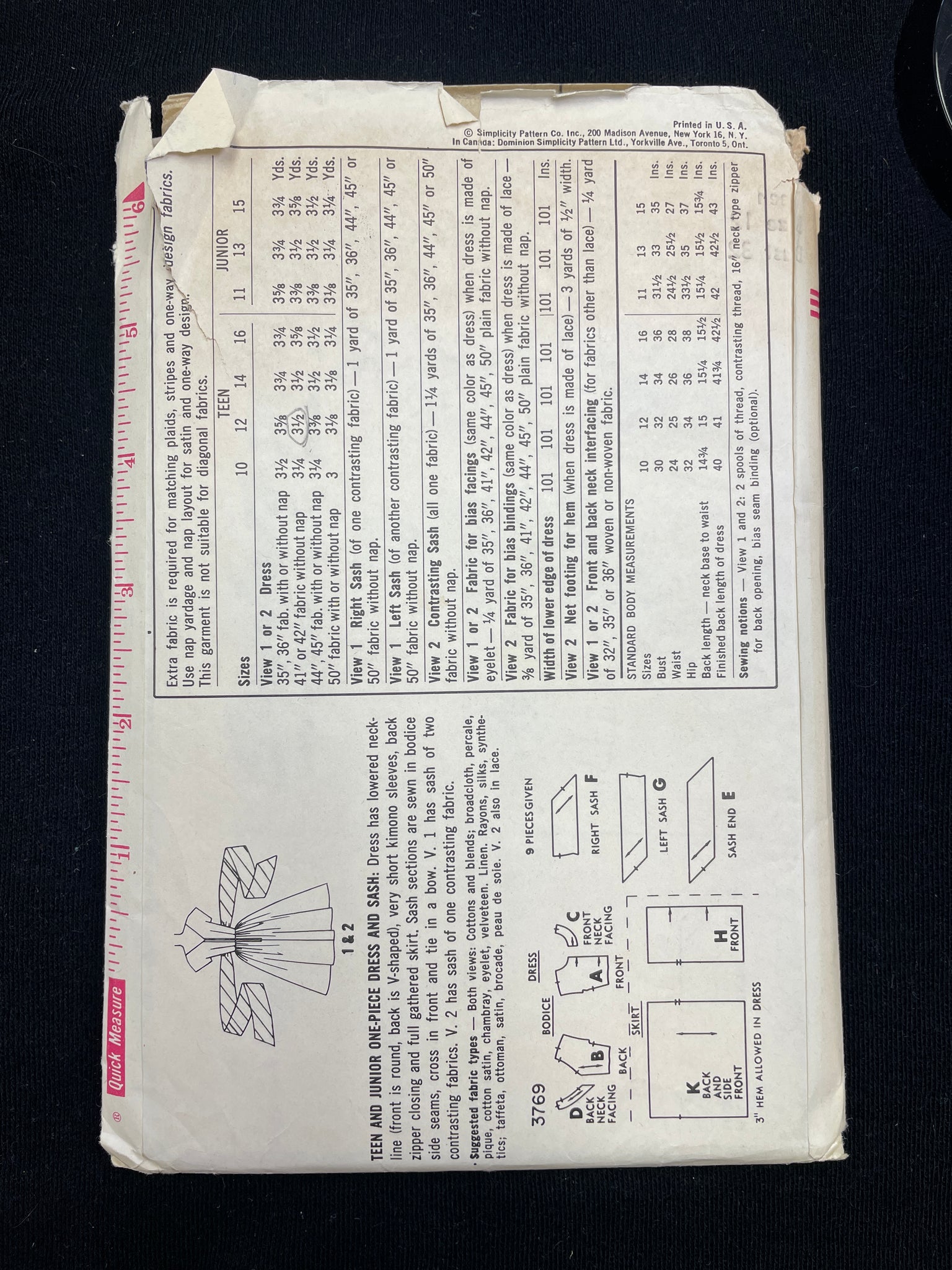 1960's Simplicity 3769 Sewing Pattern - Junior's Dress