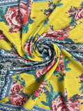 1 1/8 YD Poly/Cotton French Terry Knit - Flowers on Yellow in Geometric Frames in Blues
