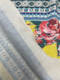 1 1/8 YD Poly/Cotton French Terry Knit - Flowers on Yellow in Geometric Frames in Blues
